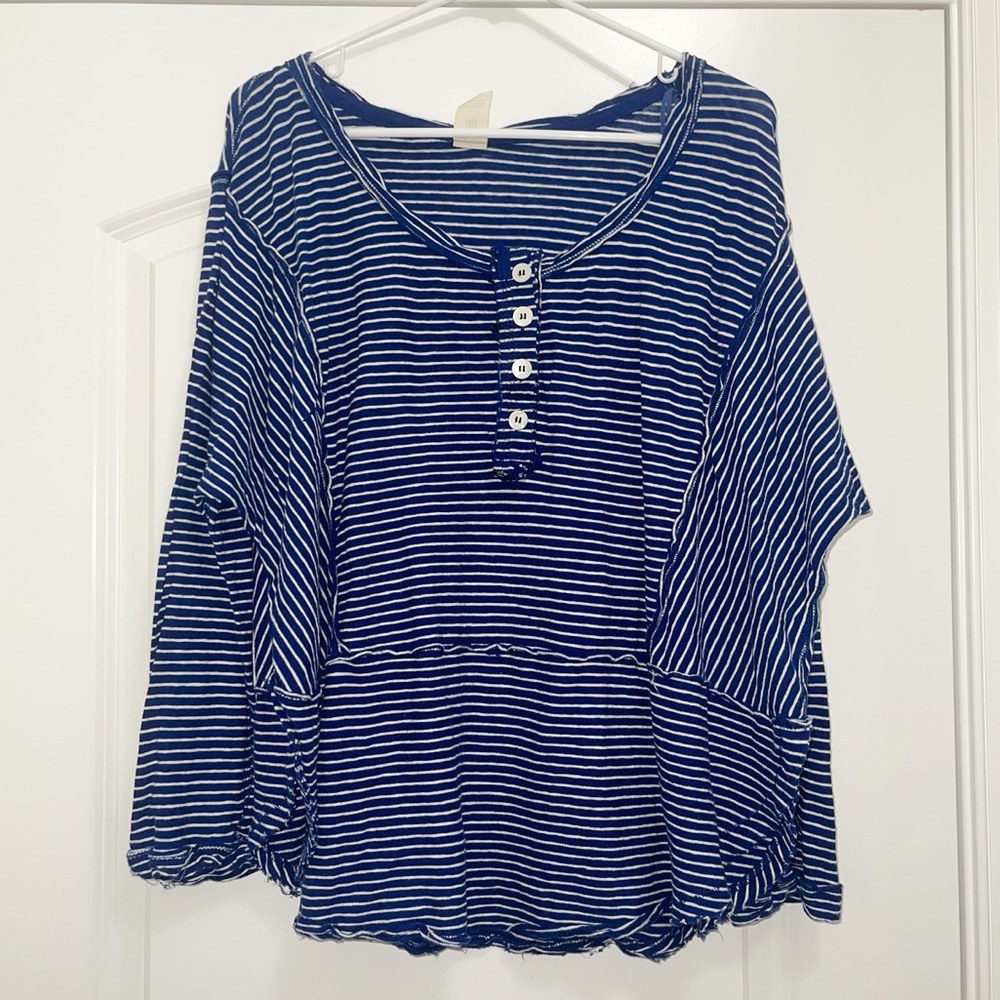 Free People We The Free Striped Blue Button Long Sleeve blue white Shirt medium